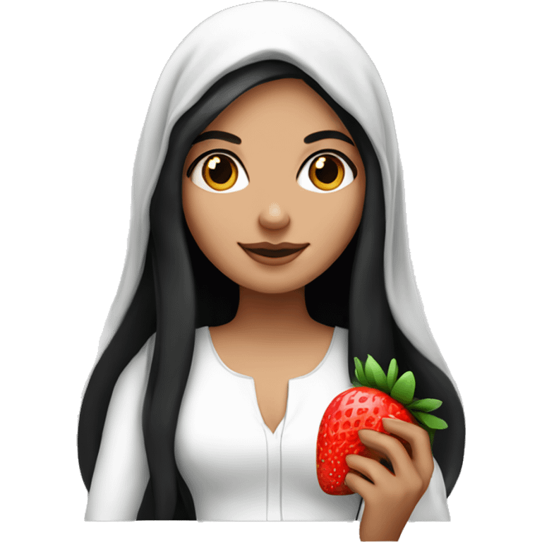 arab white girl with long black hair holding a strawberry emoji