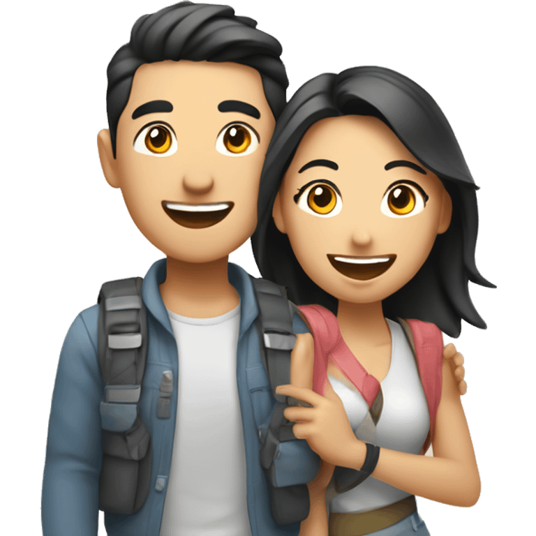 Attractive young  Asian couple excitedly traveling having fun emoji