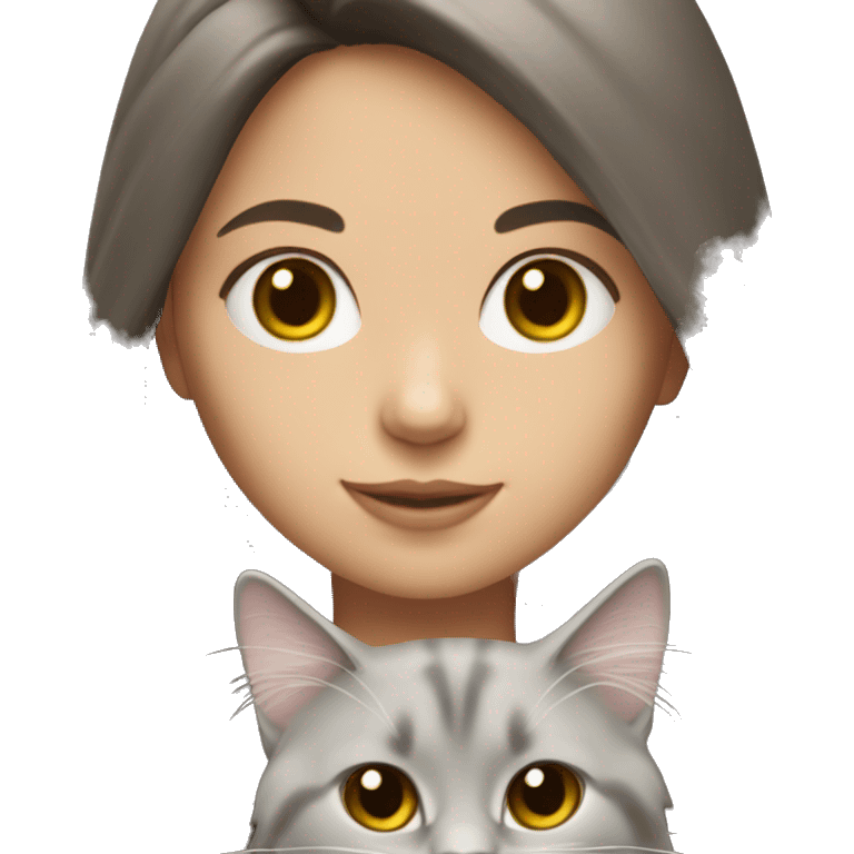 Brunette girl with long hair holding grey ragdoll cat emoji