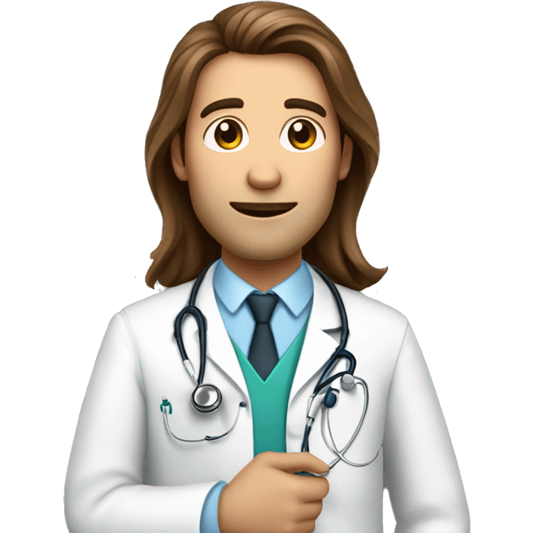 doctor with long brown hair and white skin, holds a stethoscope in his hands emoji