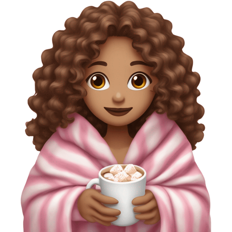 Light skin girl with brown curly hair under our pink blanket,make her look like a young  make it so you can see the curly hairsipping hot cocoa with marshmallows, cuddled around the blanket, long curly hair, long, medium lashes emoji