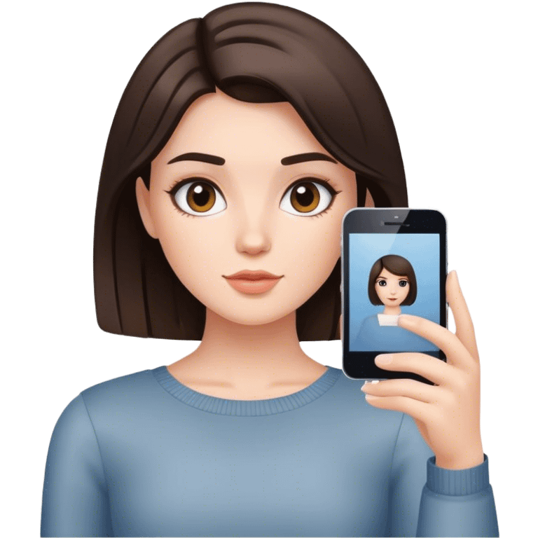 A brunette girl with a square hairstyle , selfie emoji