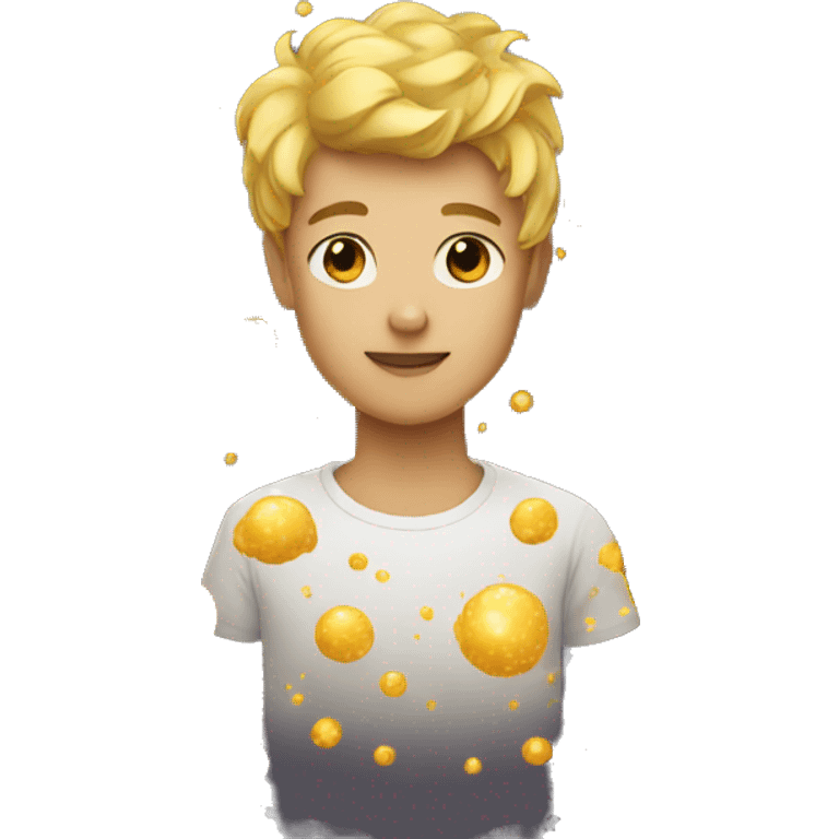 Person wearing t shirt filled with golden galaxies emoji