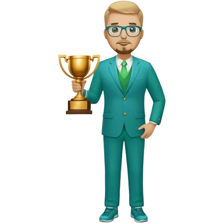 Full Body white plus size man  wearing glasses with a goatee with dirty blond short hair basketball head Coach in blue and green suit holding trophy emoji