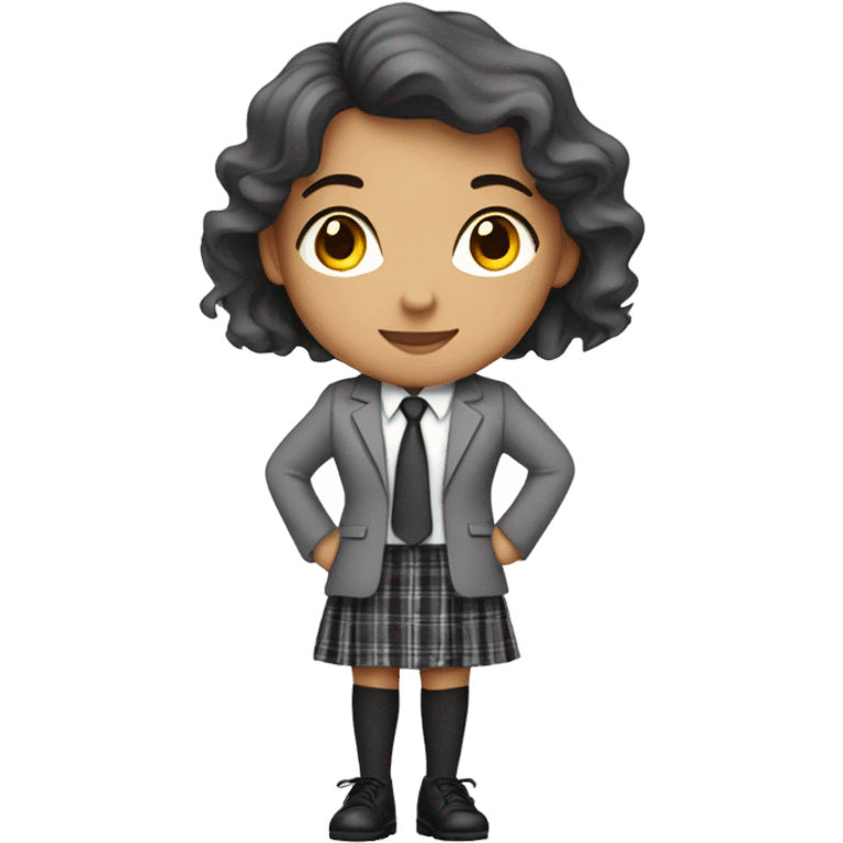 A girl wearing a grey blazer a grey tie a white black tights black shoue and a plaid skirt  emoji