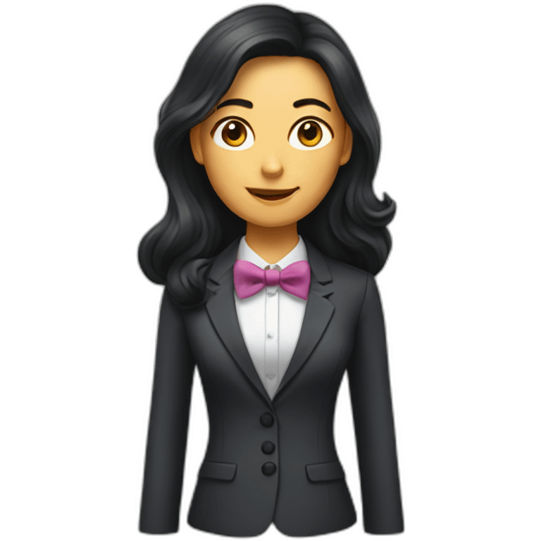 Woman with long dark hair wearing suit with bow tie emoji