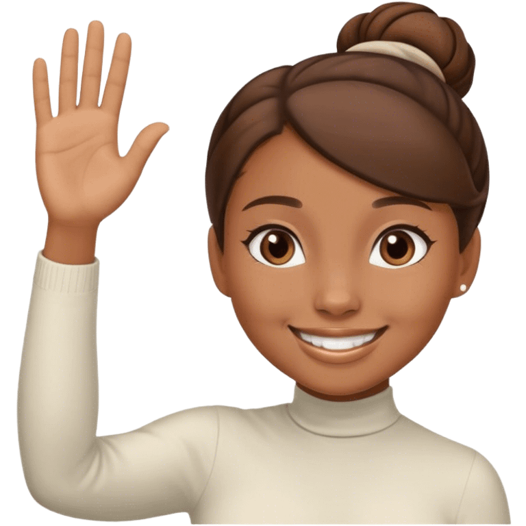 Light brown skin girl, brown hair in bun, smiling, waving goodbye emoji