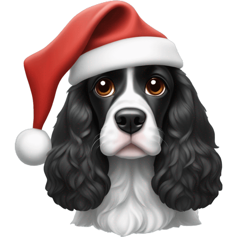 black and white english cocker spaniel with spots on nose and black ears and santa hat emoji