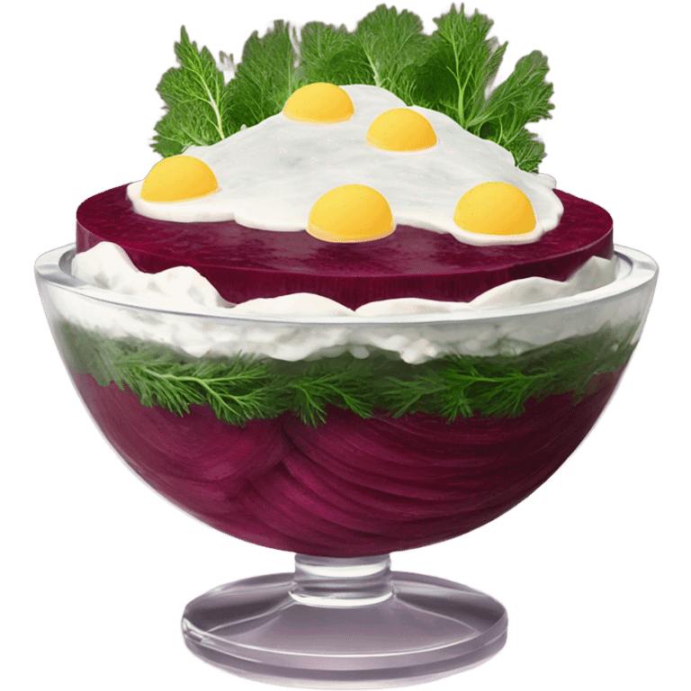 Shuba russian Layered Beet dish  with Herring and mayonnaise in Crystal bowl, dill on top  emoji