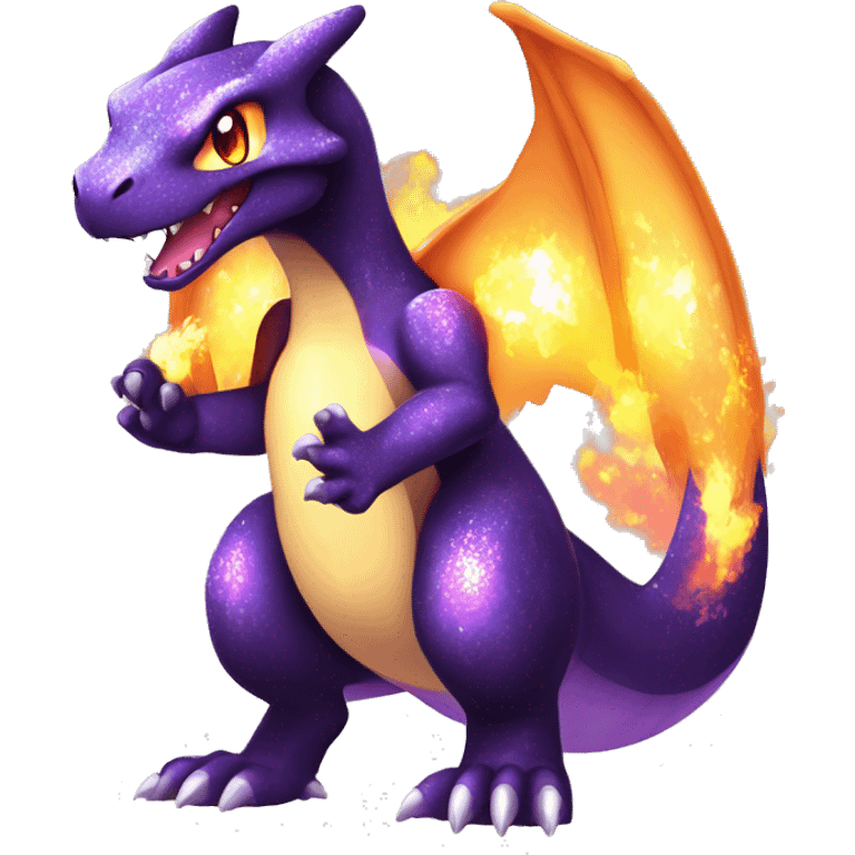 Black shiny sparkly chibi Charizard-Raptor-Fakémon with purple flame on tail full body emoji