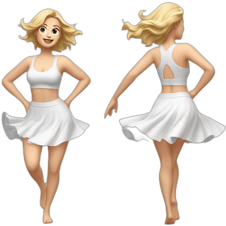 Hyperrealistic Full body Caucasian curvy beauty jumping short white skirt back and front views strong wind emoji