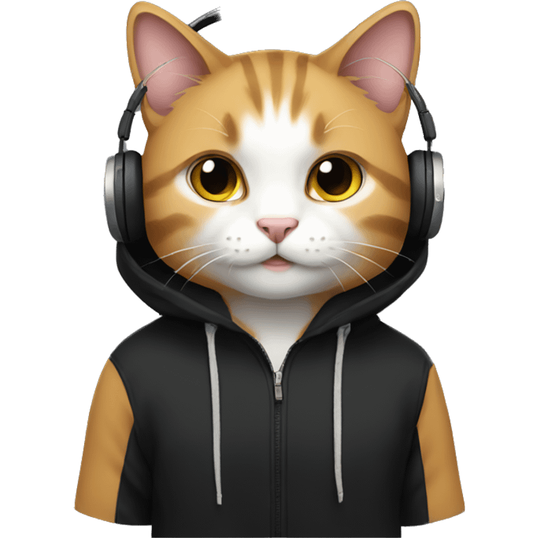 a cat wearing a black hoodie with wearing black headphones  emoji