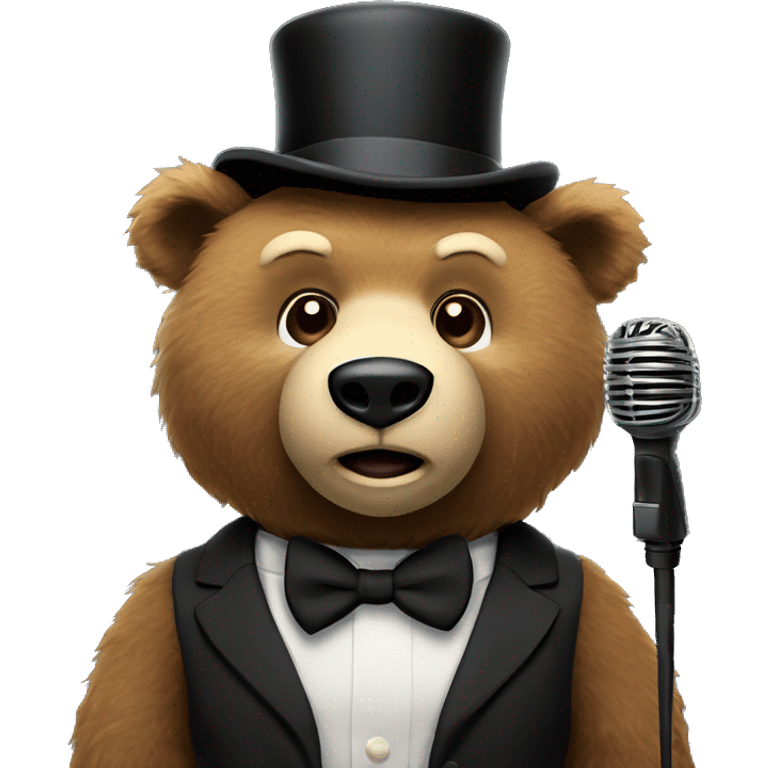 Brown bear animatronic with light brown snout with a black bow tie and a black top hat holding a microphone  emoji