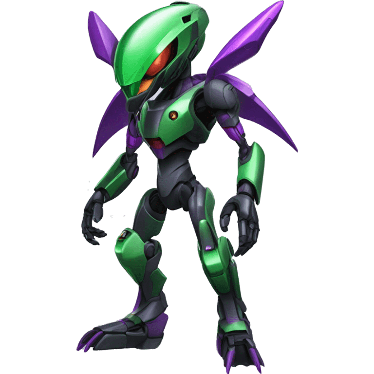 a shiny black-green-purple Genesect-Raptor-Fakémon-Medabot-hybrid with a futuristic visor-helmet full body emoji