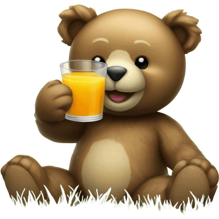 Teddy bear holding a glass of juice sitting on green grass emoji