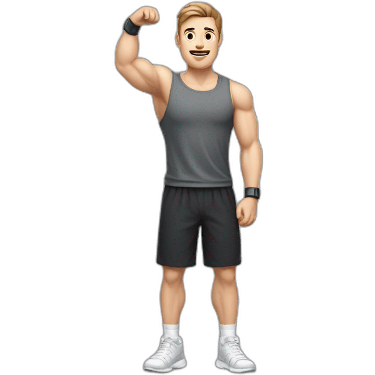 Full height Actively gesturing with hands Pale skinned Fit Man With the biceps and brown hair in dark gray Sleeveless Mike, black oversize sports shorts, watch and white Sneakers emoji