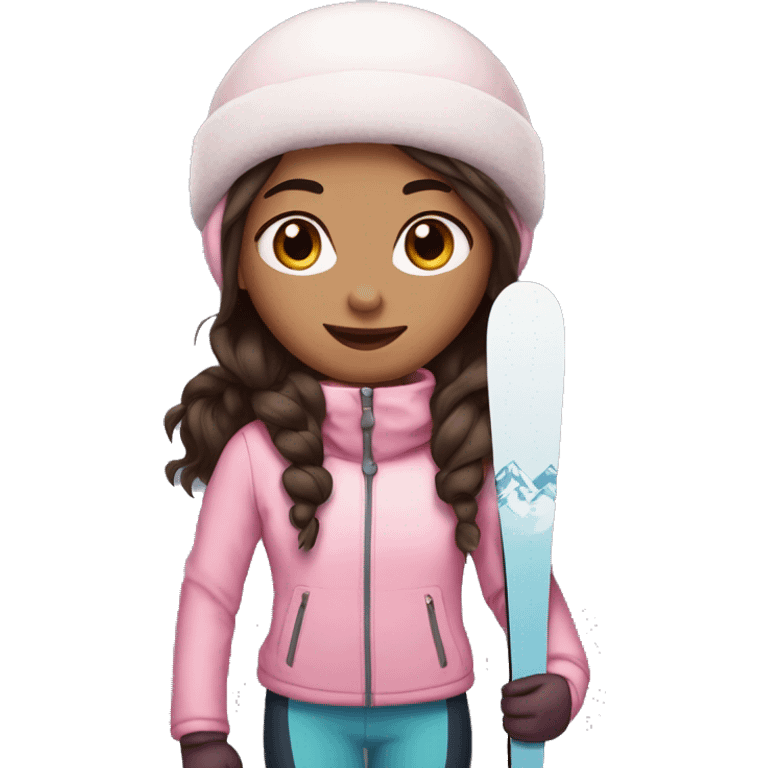 Light pink, snowy, ski girl with brown eyes standing with skis and dark brown hair emoji