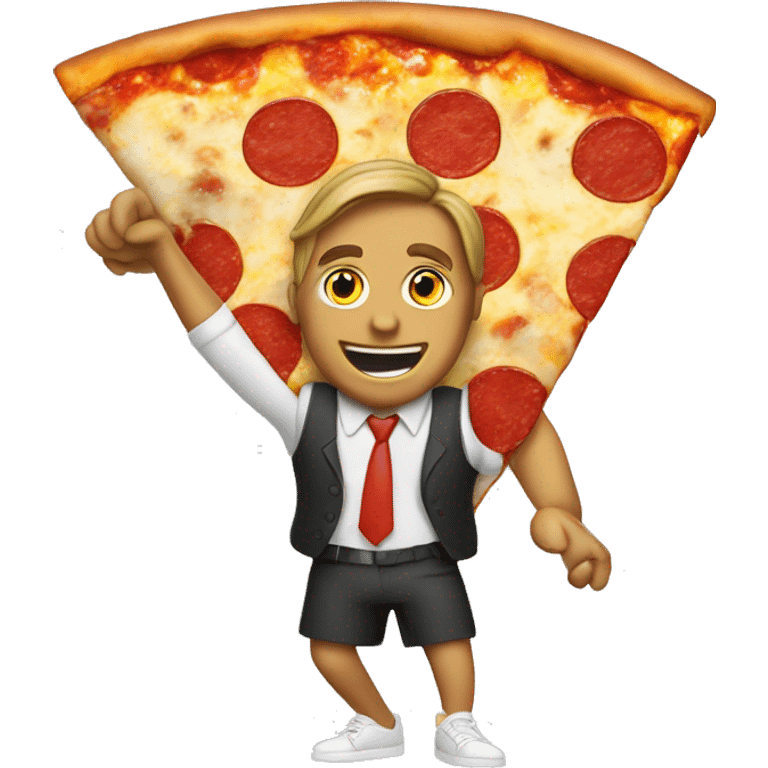 Man surfing on pizza wearing a skirt emoji