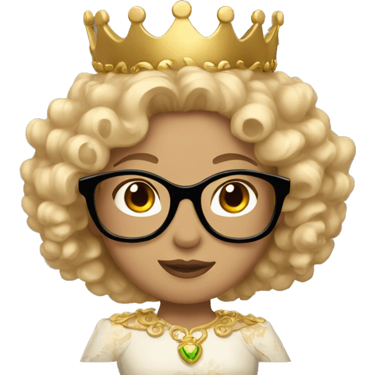 A light skinned princess with curls and a gold crown and glasses emoji