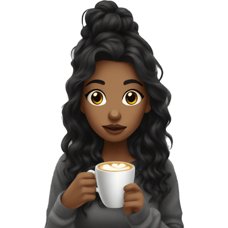 aesthetic girl with black wavy hair sipping coffee in a cute coffee shop  emoji