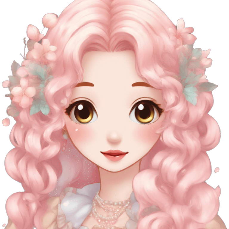 Gorgeous anime style lady with blushing face and accessories cottagecore fairycore Kawaii anime colorful pearly romantic aesthetic trending style emoji