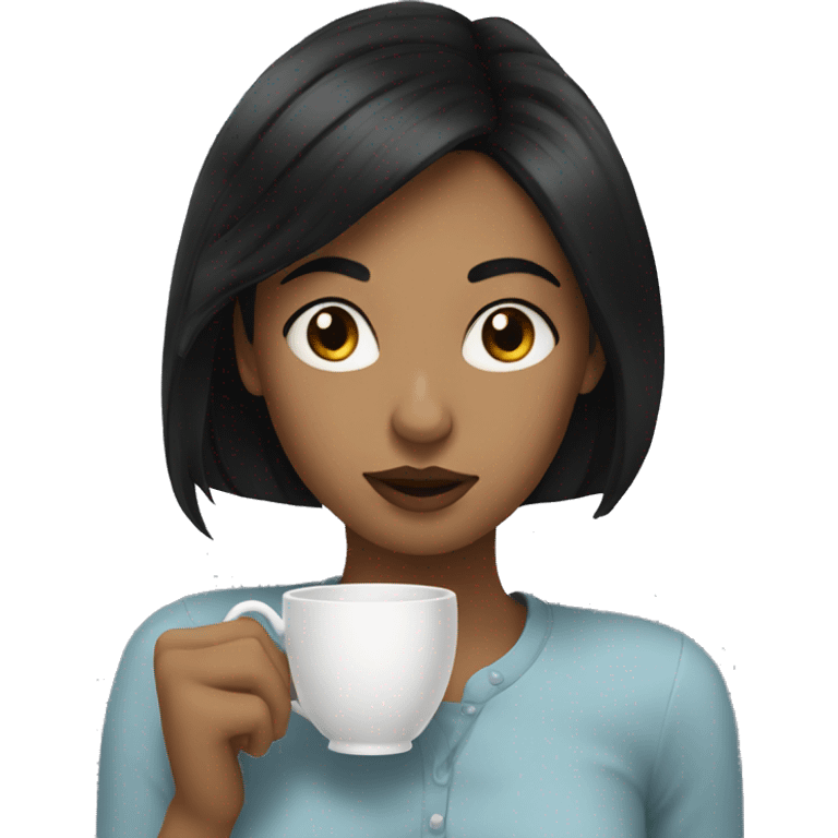 Girl sipping tea with black hair emoji