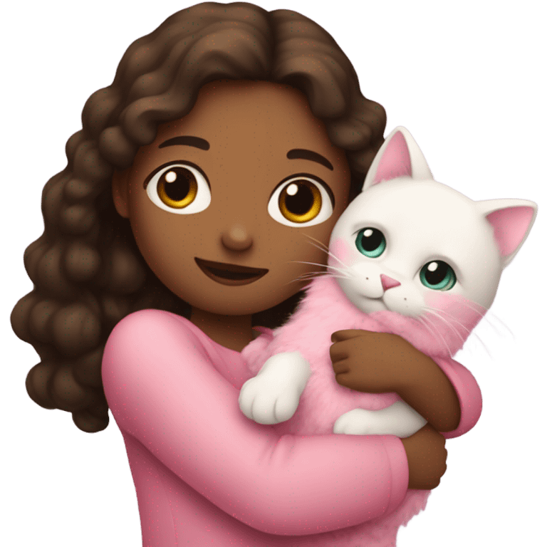 A girl holds a pink cat in her arms emoji