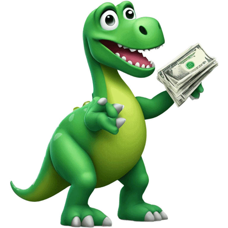 Green dinosaur holding money ￼ emoji