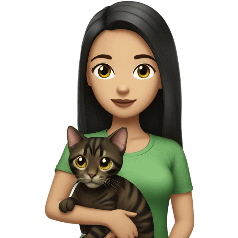 girl with long black hair and white skin. she has brown eyes and is wearing a green shirt. she is holding her brown and black bengal cat that has green eyes emoji