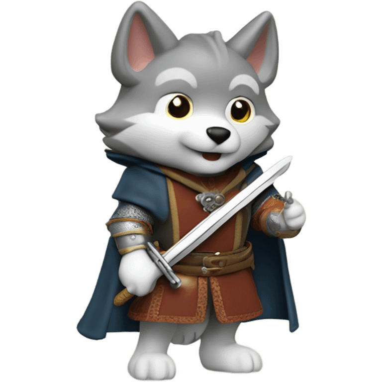 Little wolf sylvanian family toy dressed in medieval clothes and holding a sword   emoji