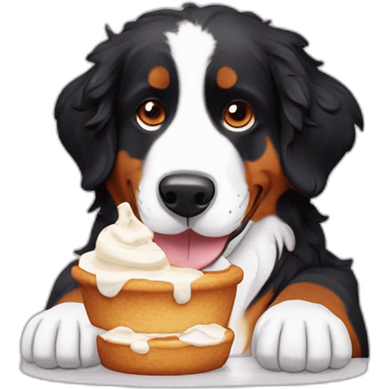 Bernese mountain dog eating meringue and double cream emoji