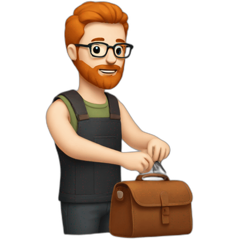 Red smooth haired man with beard and glasses sewing a leather bag by hand emoji