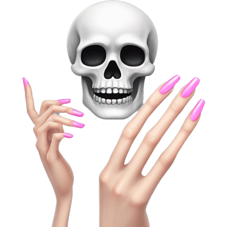 Pretty skeleton hand 5 fingers with pink nails manicure girly design but stylish minimalistic emoji