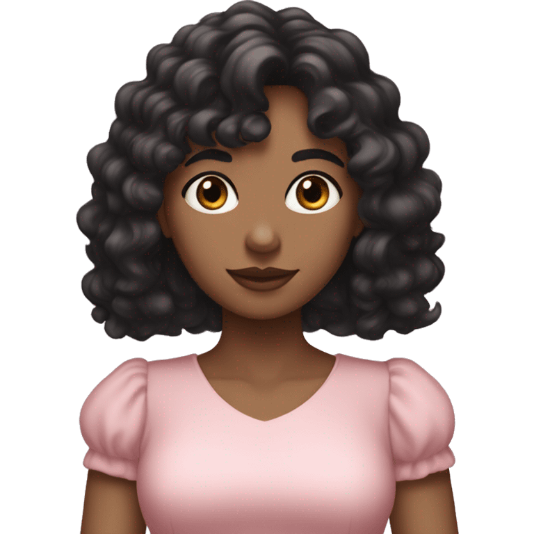 White woman with long black curly hair and bangs and dark brown eyes, wearing a pastel pink dress emoji