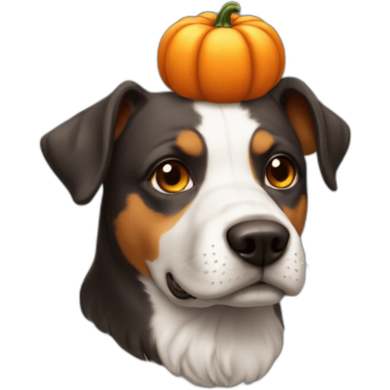 A cute dog with an pumpkin on his head emoji