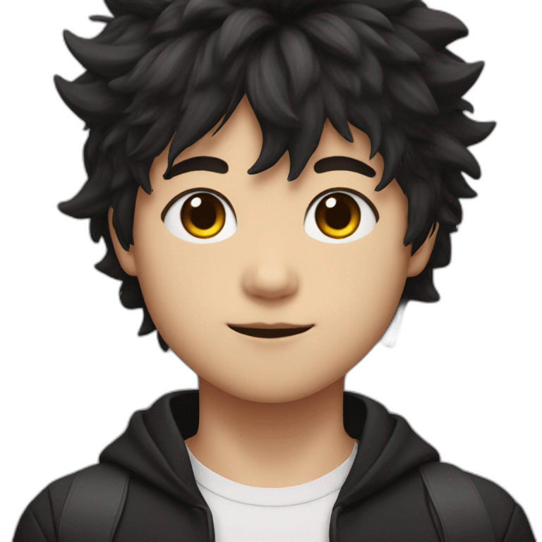 Japanese boy, with black cat ears and cute fluffy hair in black emoji