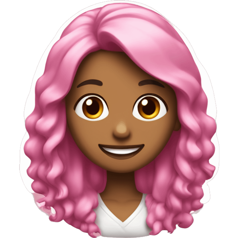 Una chica morena con el pelo largo y flequillo sonriendo y con su perro con un lazo rosa en la cabe emoji