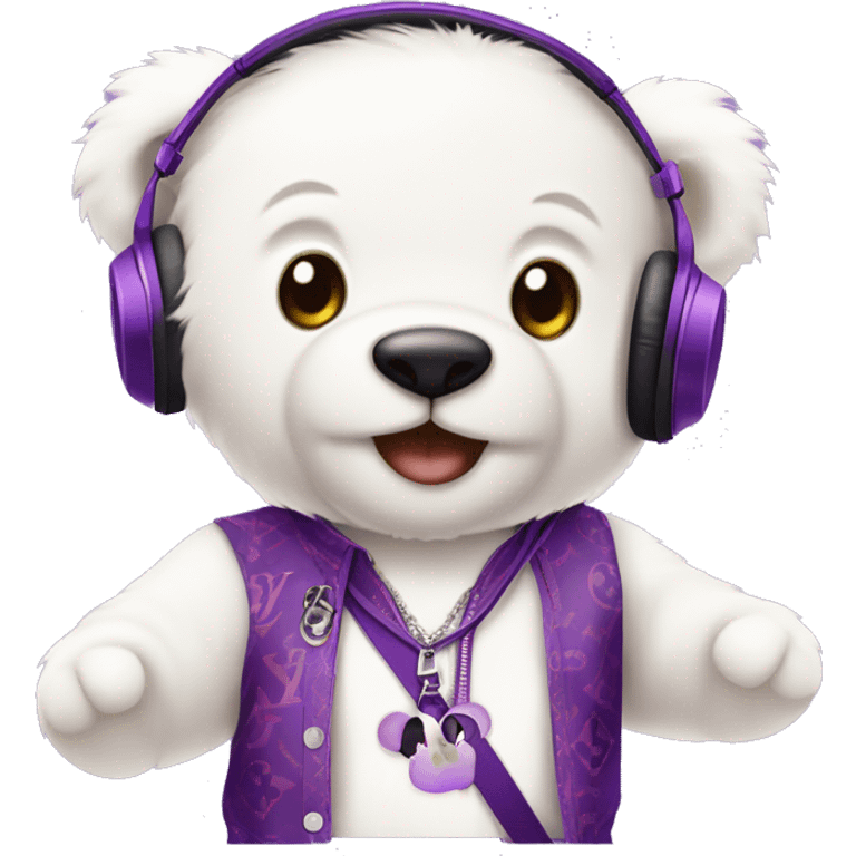 cute white teddy bear wearing a purple Louis Vuitton shirt with purple headphones that has a small cherry symbol  emoji