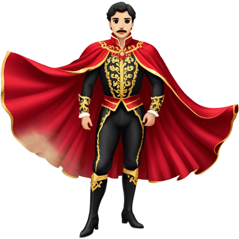 Spanish Matador – Cinematic Realistic Spanish Matador, portrayed in an ornate traje de luces with a flowing red cape, standing poised in a classic bullring with swirling dust and dramatic light, his intense expression and elegant stance capturing both bravery and artistry. emoji