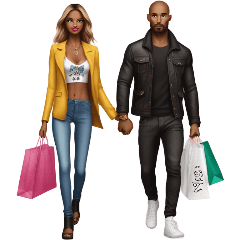 Photo of Victoria secret model shopping with a tattooed male model carrying bags emoji