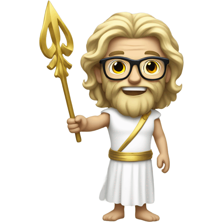 white Poseidon with gold Trident and nerd glasses. long hair white dress. smile . wink. profil position pointing  emoji