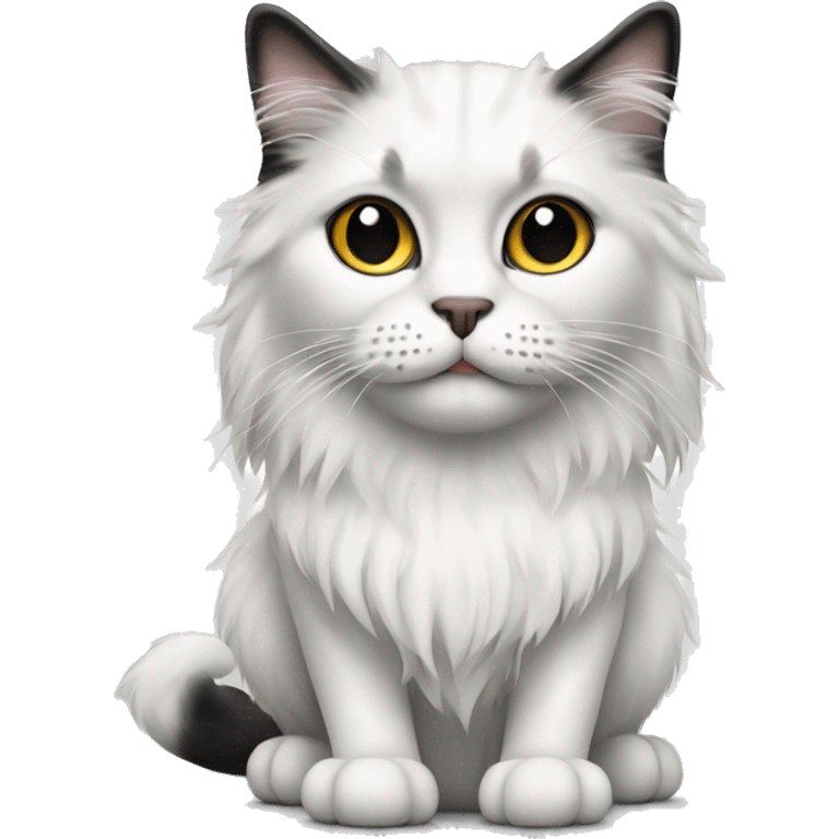 long haired cat white with black spot, The cat is sitting in full height emoji