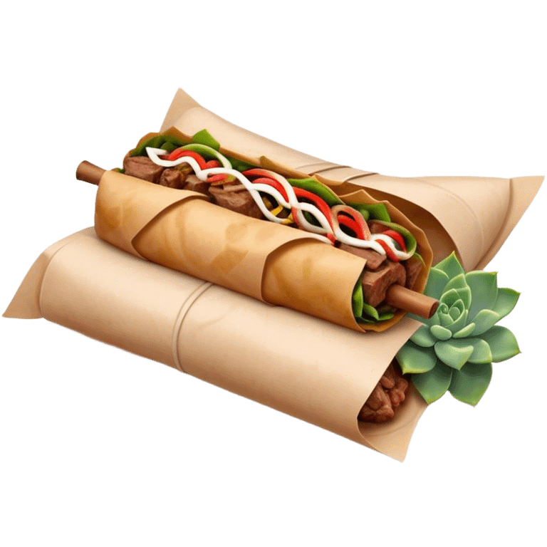 Gyros Cinematic Realistic Gyros Dish Emoji, depicted as succulent, spiced meat wrapped in paper for easy handling, rendered with lifelike textures and dynamic, warm lighting. emoji