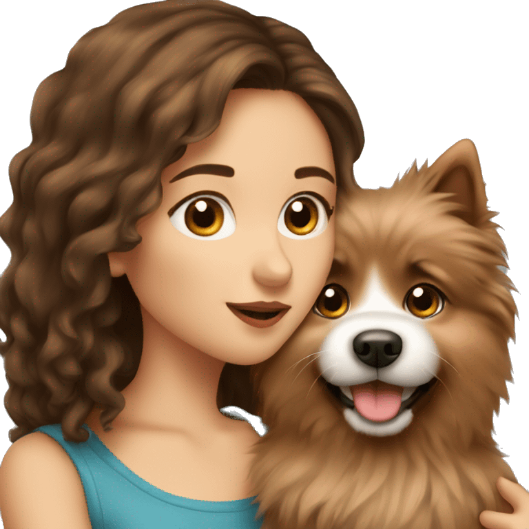 beautiful girl with brown hair kissing her fluffy spitz dog emoji