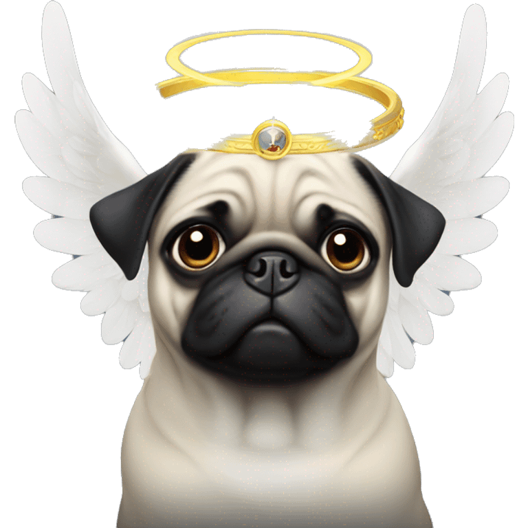 Black pug with a halo  and white wings behind him  emoji