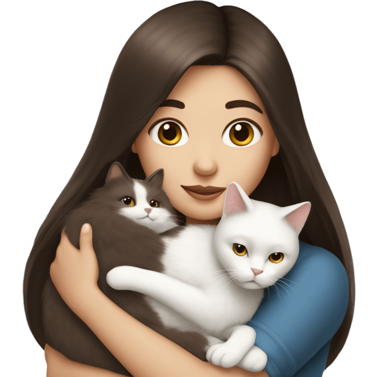 Dark brown straight hair girl holding white fluffy cat  emoji