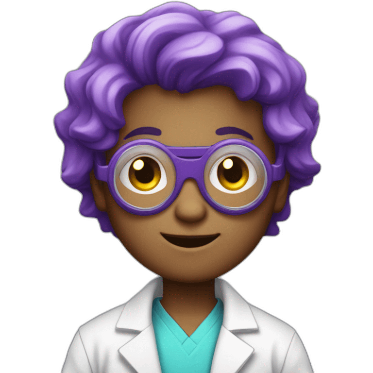 A young boy with a lab coat and blue undershirt with purple hair and goggles in the style of the mad scientist emoji