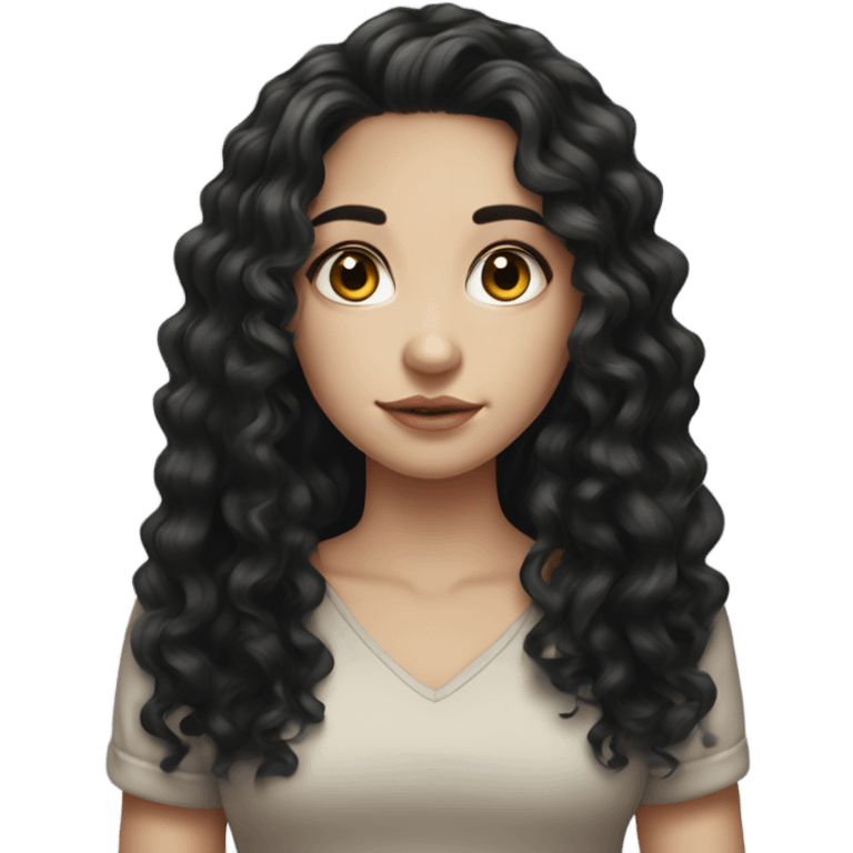 Beautiful girl, long black hair, curly hair, deep brown eyes, pale skin emoji