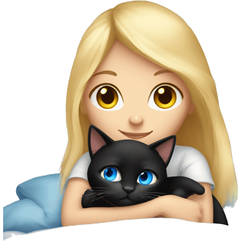 Blonde haired girl with blue eyes cuddled up in bed with a black cat that has yellow eyes emoji