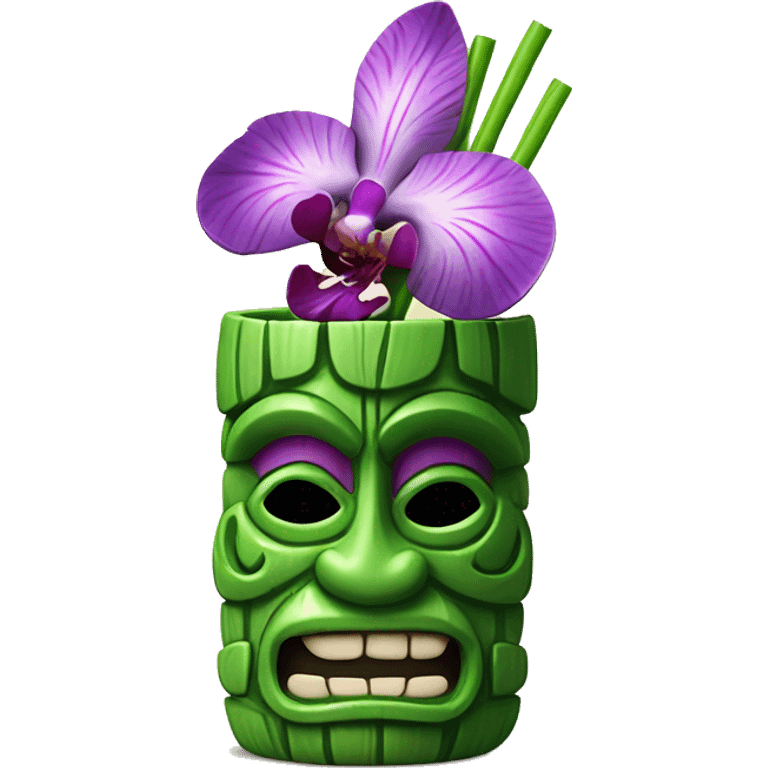 Green tiki mug with striped straw and purple orchid garnish emoji